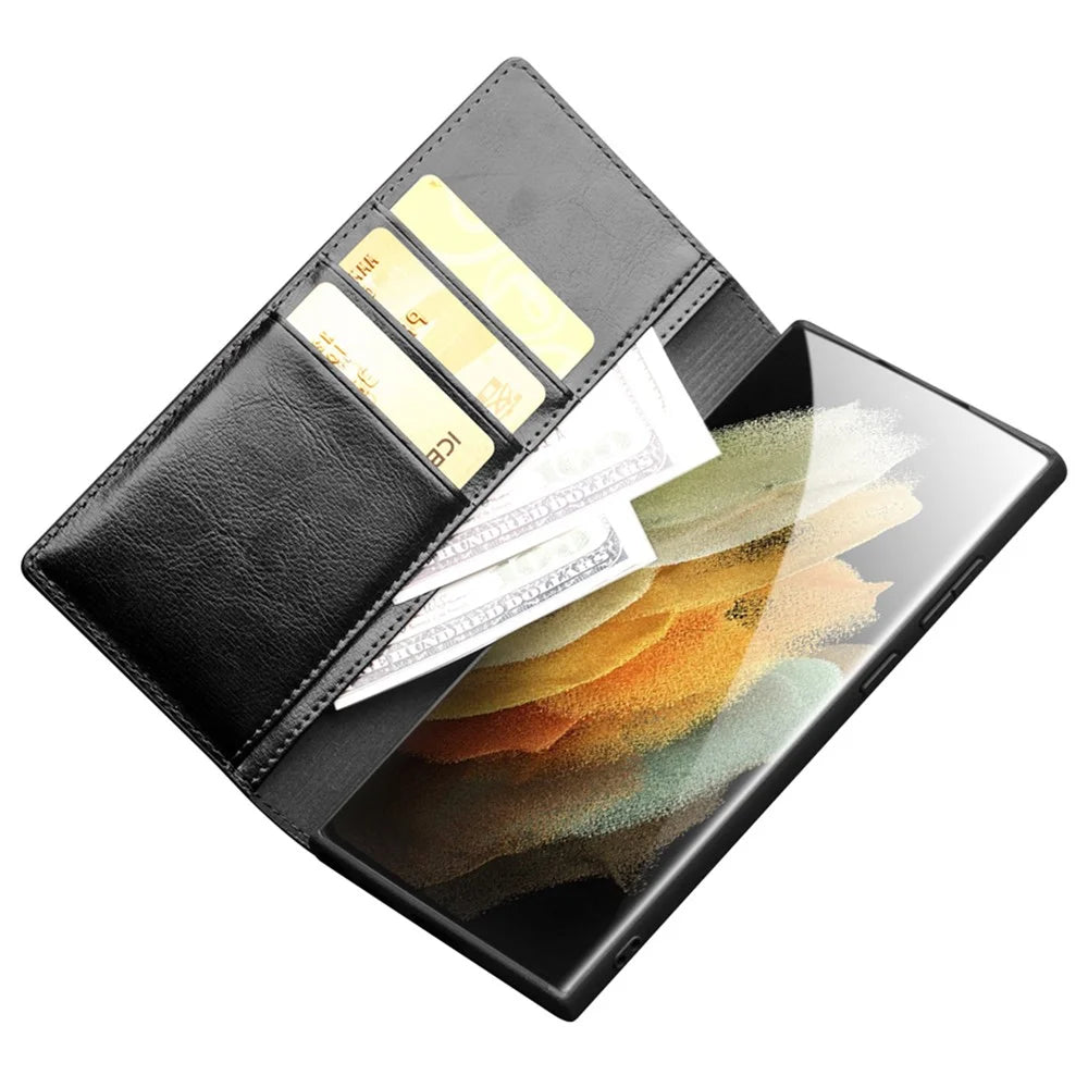 QIALINO For Samsung Galaxy S23 Ultra Shockproof Genuine Leather Phone Case Business Style Anti-Scratch Flip Cover Wallet Stand - Black - 3