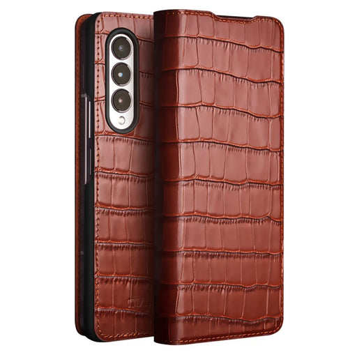 QIALINO Crocodile Texture Phone Case for Samsung Galaxy Z Fold4 5G, Business Style Shockproof Cowhide Leather Phone Cover - Brown - 1