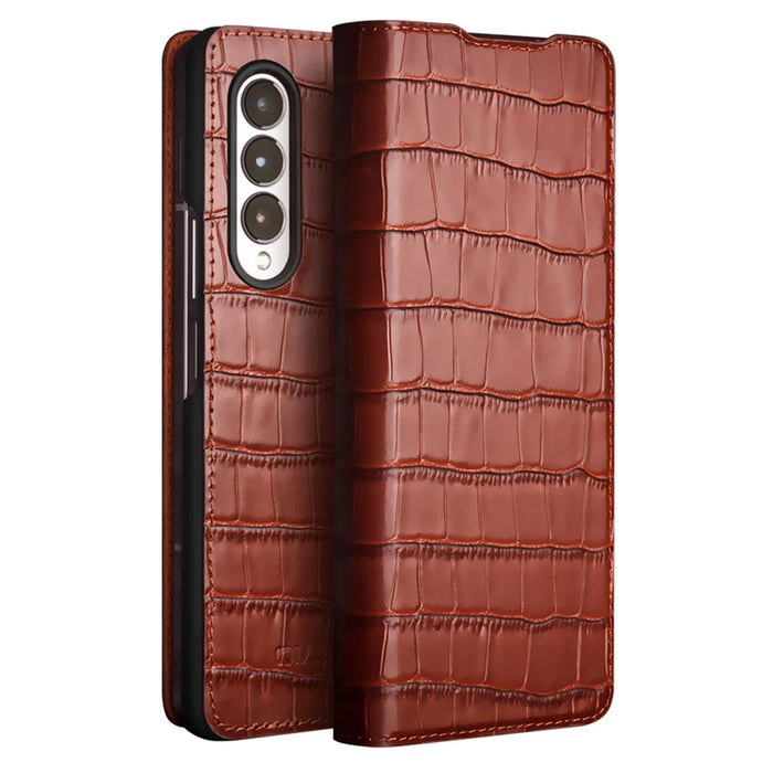 QIALINO Crocodile Texture Phone Case for Samsung Galaxy Z Fold4 5G, Business Style Shockproof Cowhide Leather Phone Cover - Brown - 1