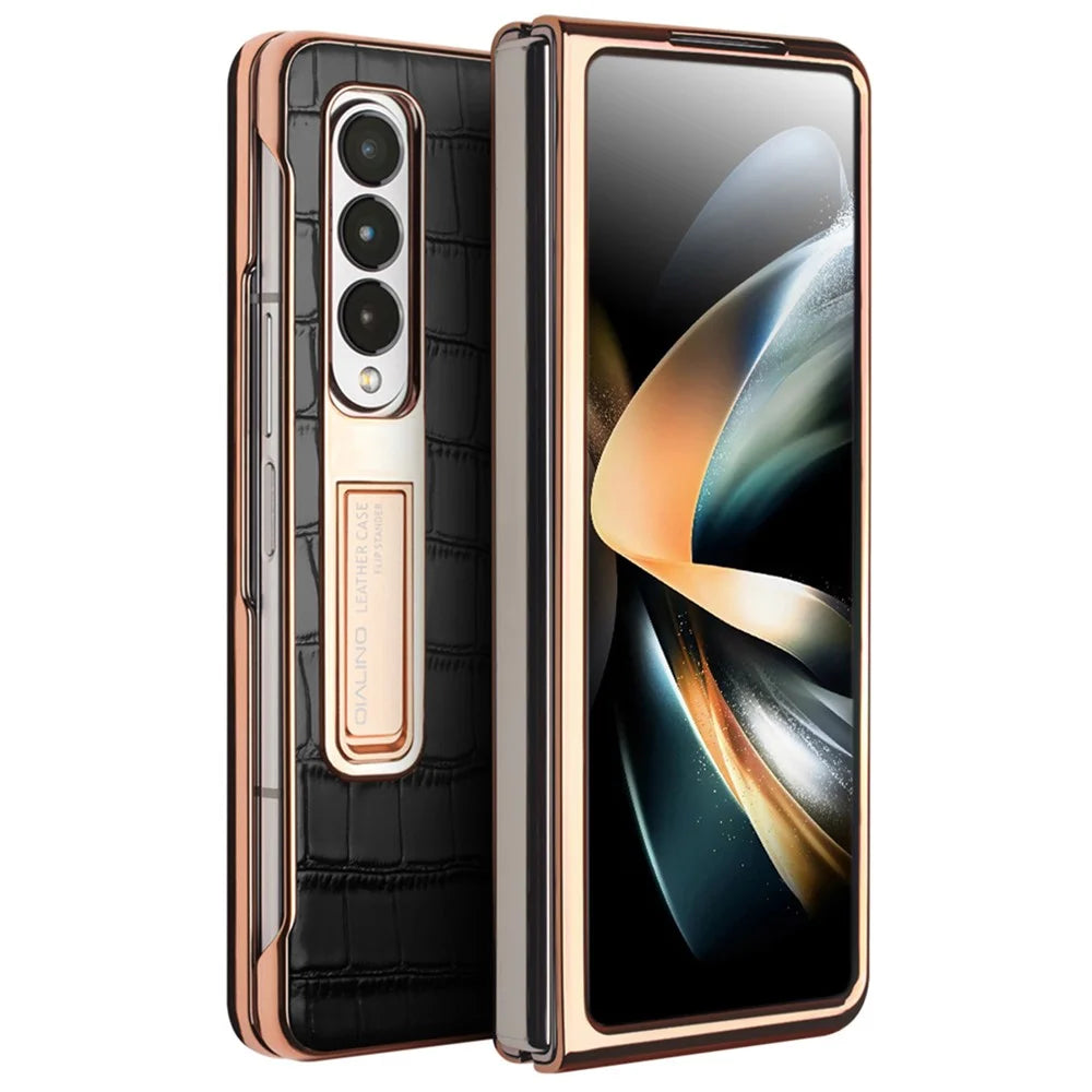 QIALINO Electroplating Phone Case for Samsung Galaxy Z Fold4 5G Hard PC Cover View Window Phone Case with Tempered Glass - Black - 1