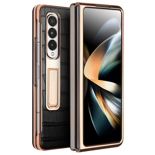 QIALINO Electroplating Phone Case for Samsung Galaxy Z Fold4 5G Hard PC Cover View Window Phone Case with Tempered Glass - Black - 1