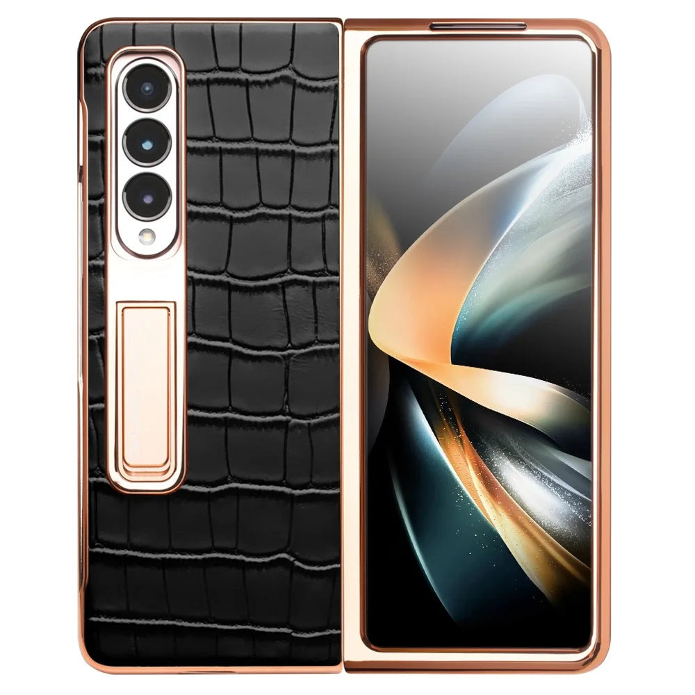 QIALINO Electroplating Phone Case for Samsung Galaxy Z Fold4 5G Hard PC Cover View Window Phone Case with Tempered Glass - Black - 2