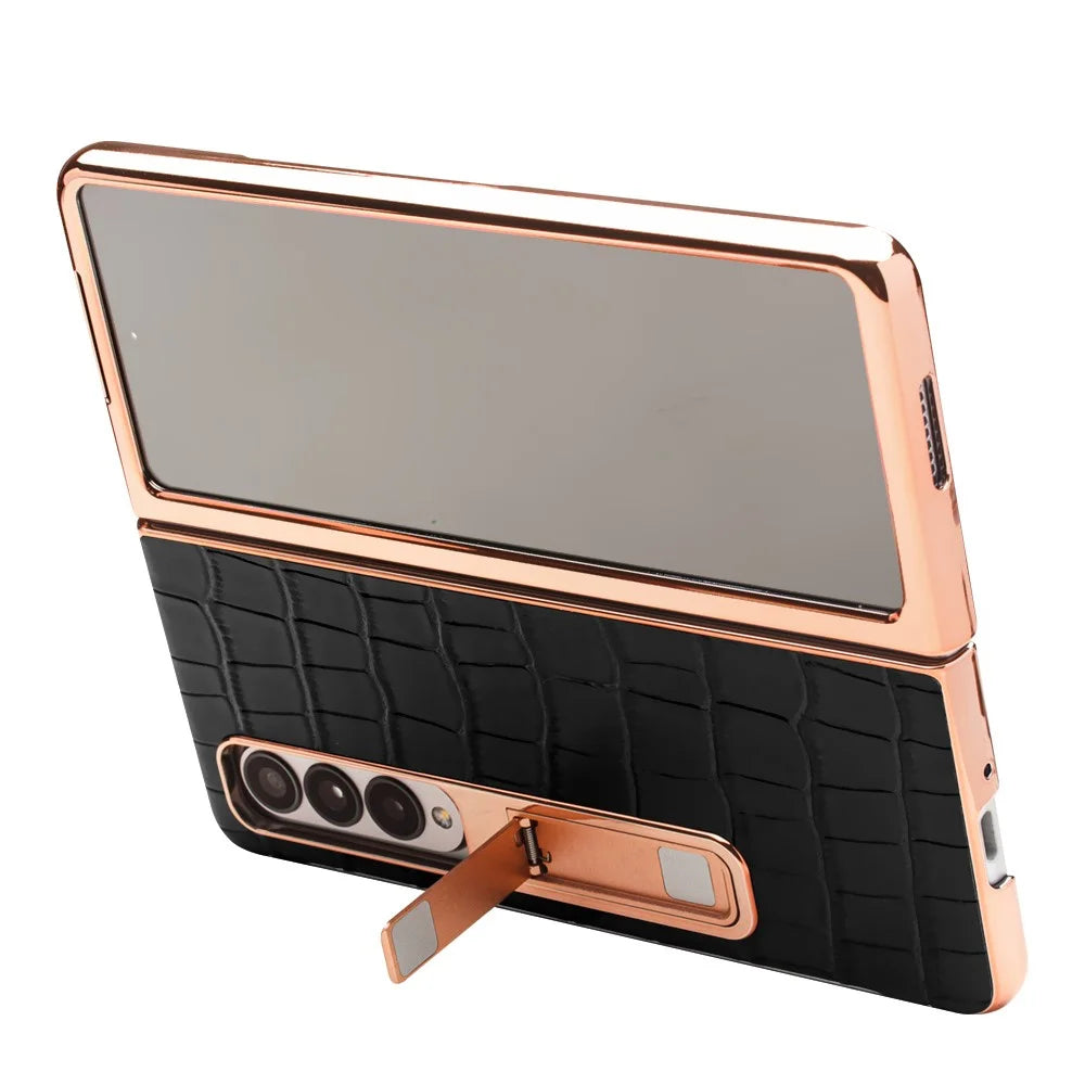 QIALINO Electroplating Phone Case for Samsung Galaxy Z Fold4 5G Hard PC Cover View Window Phone Case with Tempered Glass - Black - 3