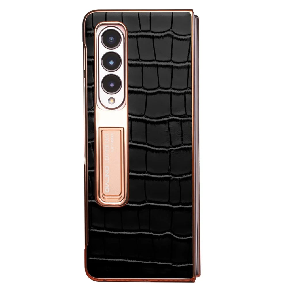 QIALINO Electroplating Phone Case for Samsung Galaxy Z Fold4 5G Hard PC Cover View Window Phone Case with Tempered Glass - Black - 5