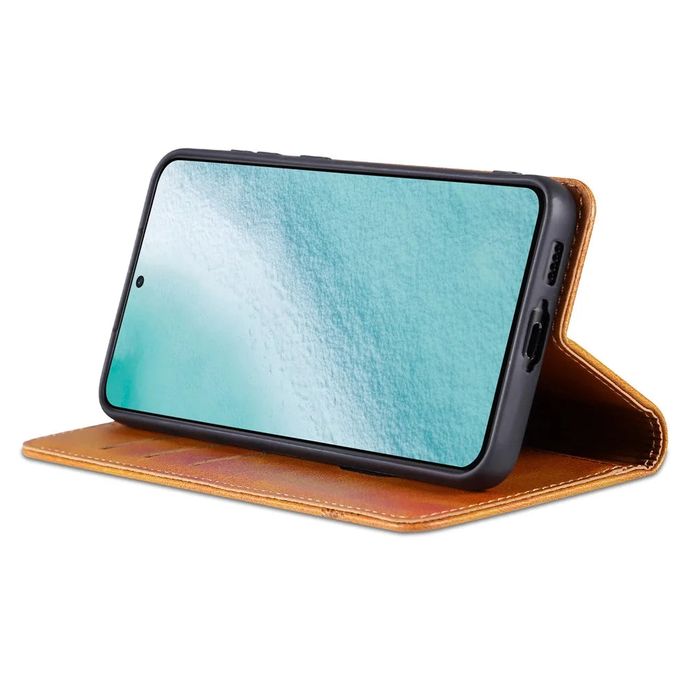 AZNS For Samsung Galaxy S23+ Cowhide Texture Phone Case PU Leather Adjustable Stand Wallet Magnetic Auto-absorbed Cover - Brown - 3