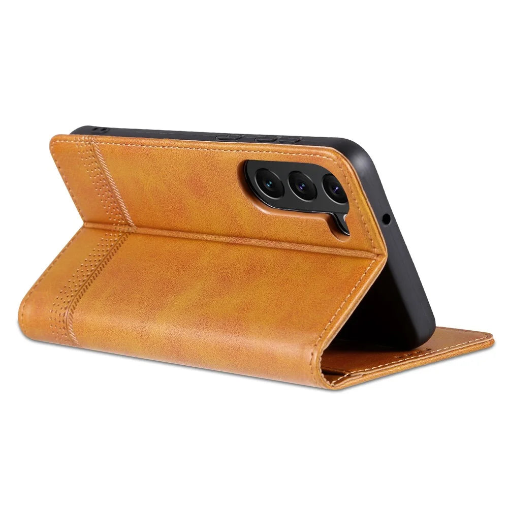 AZNS For Samsung Galaxy S23 Cowhide Texture Phone Case Full Protection PU Leather Stand Wallet Magnetic Auto-absorbed Cover - Brown - 4
