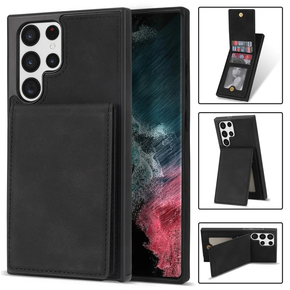 Back Cover for Samsung Galaxy S23 Ultra, Kickstand Design Scratch Proof Solid Color Phone Case RFID Blocking Multiple Card Slots Vertical Flip PU Leather Coated TPU Shell - Black - 1
