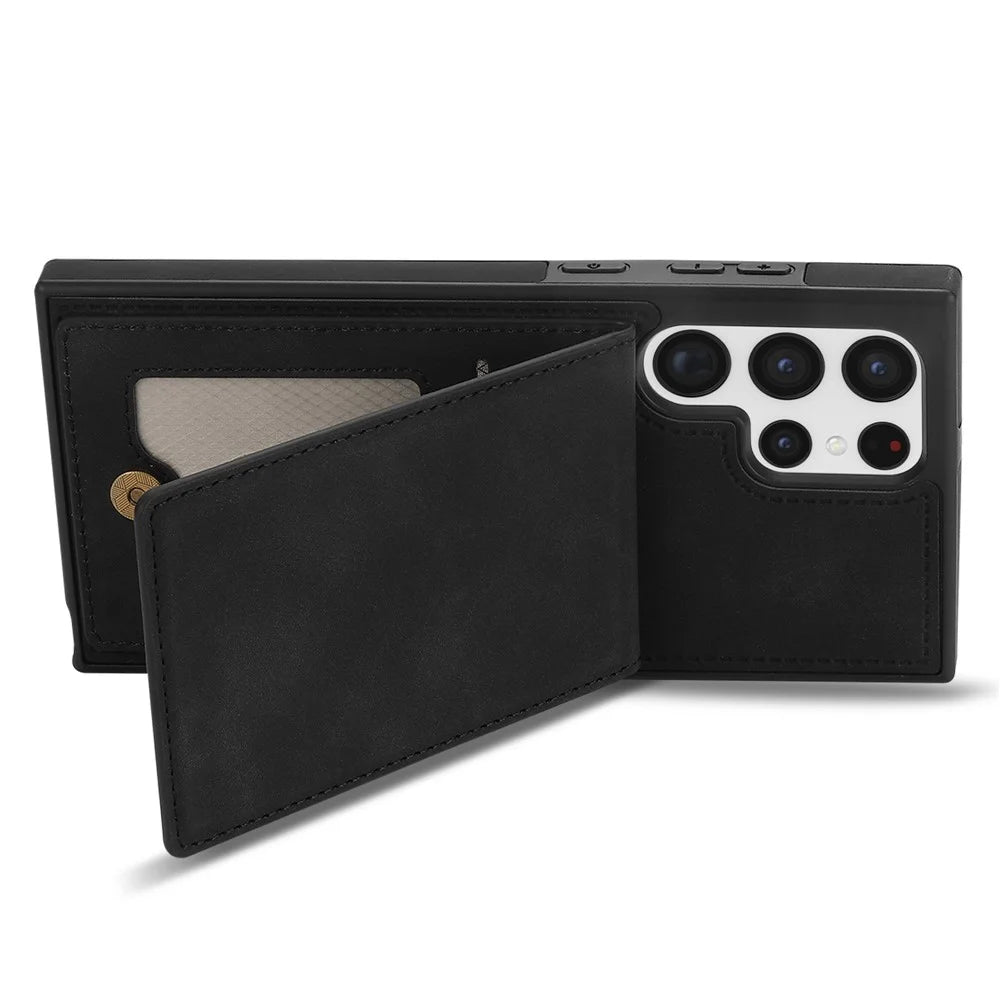 Back Cover for Samsung Galaxy S23 Ultra, Kickstand Design Scratch Proof Solid Color Phone Case RFID Blocking Multiple Card Slots Vertical Flip PU Leather Coated TPU Shell - Black - 4