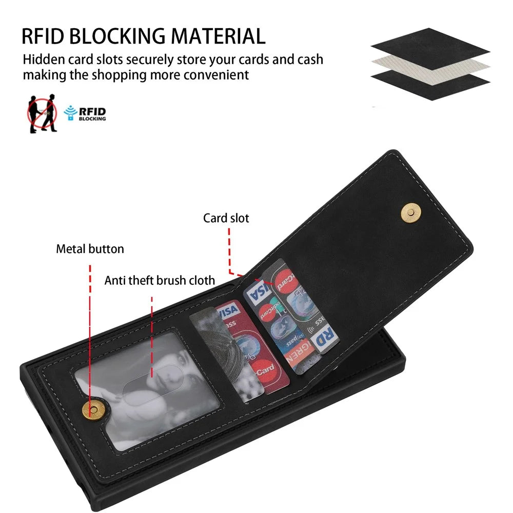 Back Cover for Samsung Galaxy S23 Ultra, Kickstand Design Scratch Proof Solid Color Phone Case RFID Blocking Multiple Card Slots Vertical Flip PU Leather Coated TPU Shell - Black - 6