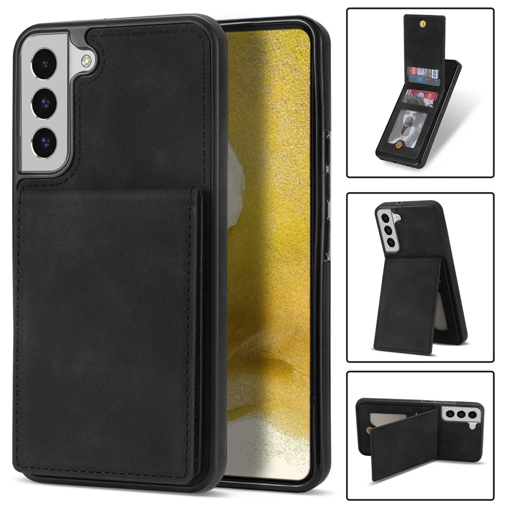 Solid Color Phone Case for Samsung Galaxy S23, Kickstand Design Back Cover RFID Blocking Multiple Card Slots Vertical Flip PU Leather Coated TPU Shell - Black - 1