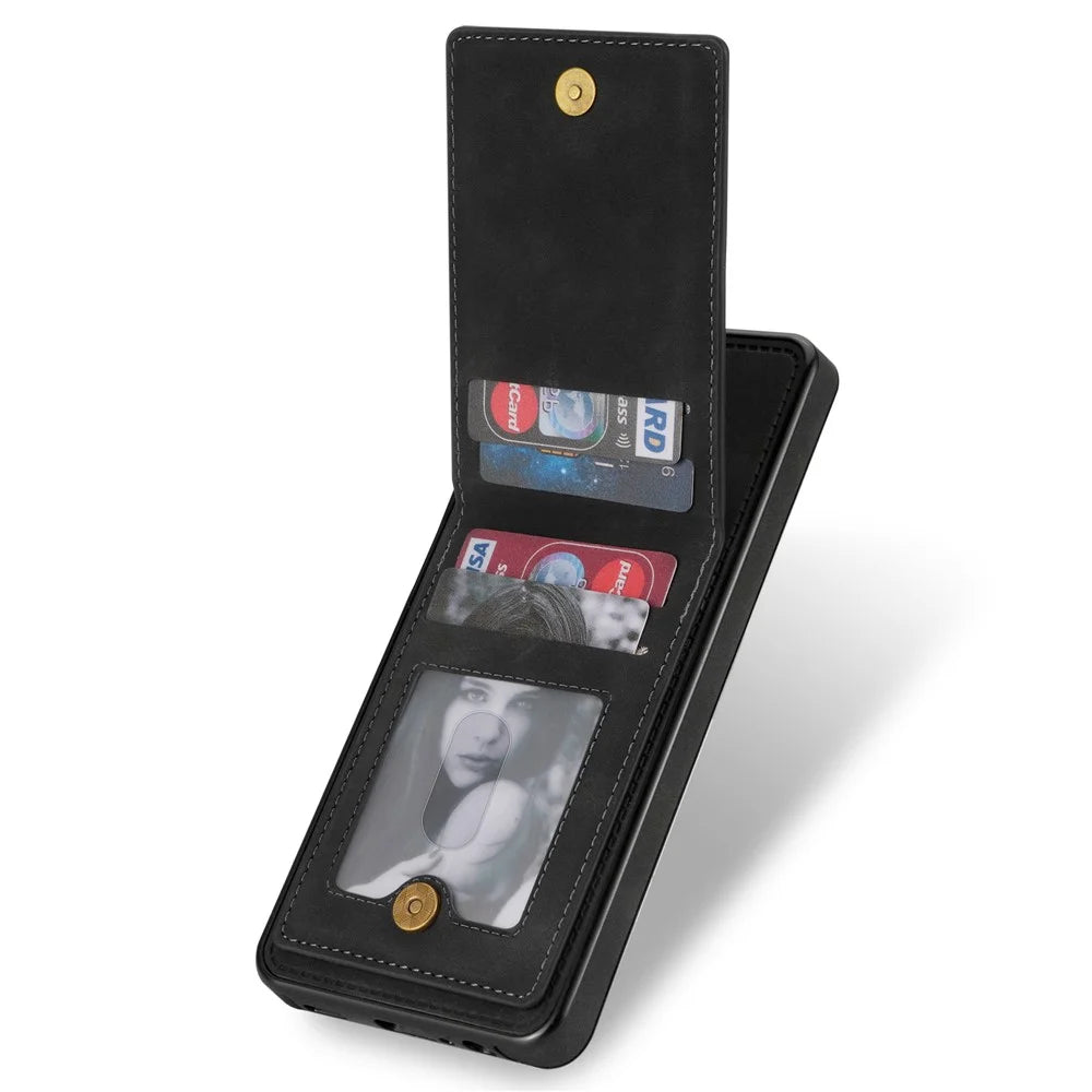 Solid Color Phone Case for Samsung Galaxy S23, Kickstand Design Back Cover RFID Blocking Multiple Card Slots Vertical Flip PU Leather Coated TPU Shell - Black - 2