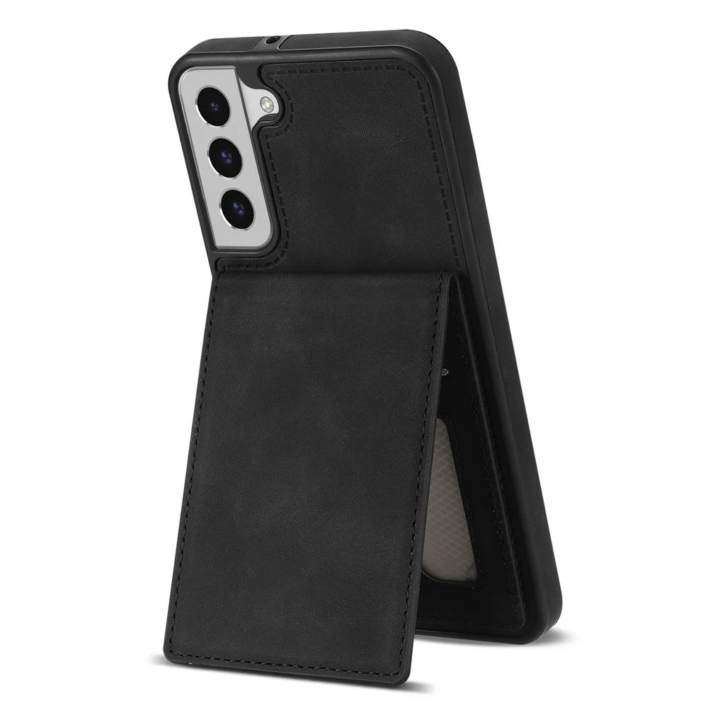 Solid Color Phone Case for Samsung Galaxy S23, Kickstand Design Back Cover RFID Blocking Multiple Card Slots Vertical Flip PU Leather Coated TPU Shell - Black - 3