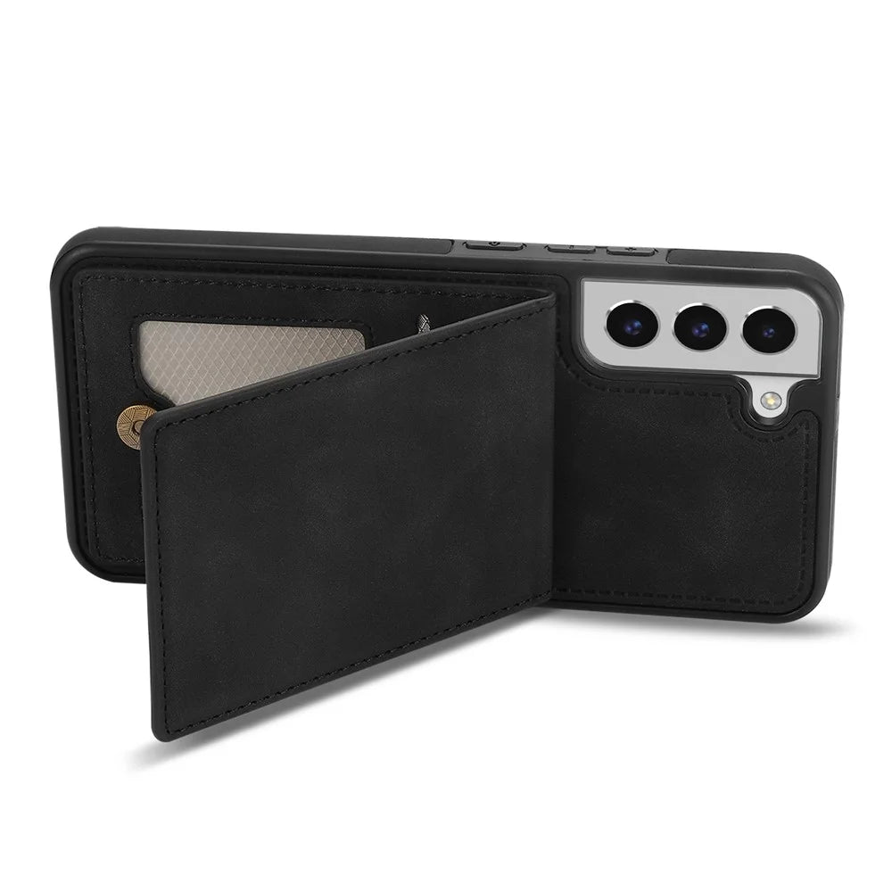 Solid Color Phone Case for Samsung Galaxy S23, Kickstand Design Back Cover RFID Blocking Multiple Card Slots Vertical Flip PU Leather Coated TPU Shell - Black - 4
