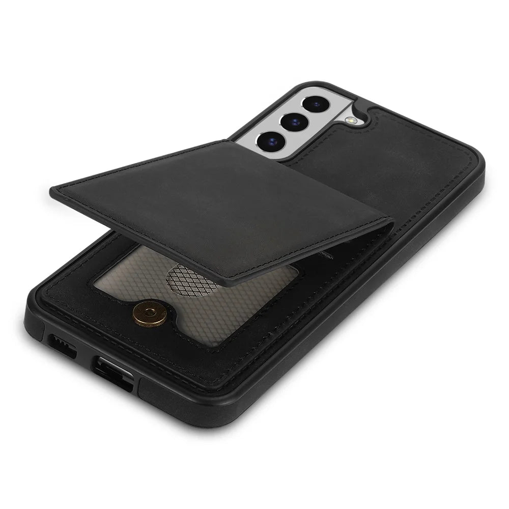Solid Color Phone Case for Samsung Galaxy S23, Kickstand Design Back Cover RFID Blocking Multiple Card Slots Vertical Flip PU Leather Coated TPU Shell - Black - 5
