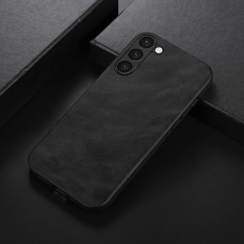 For Samsung Galaxy S23 Cowhide Texture PU Leather Coating Phone Case Hard PC Soft TPU Scratch-resistant Phone Cover - Black - 2