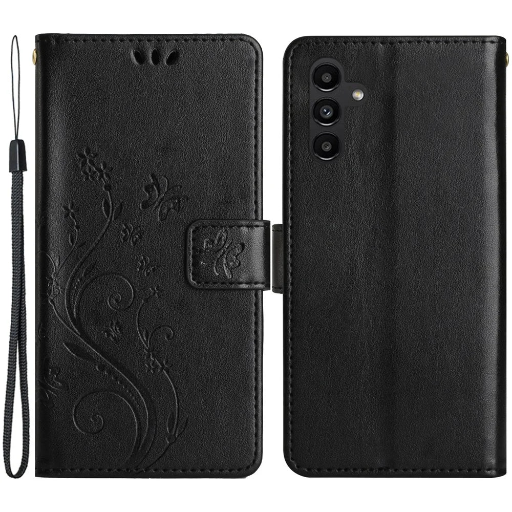 For Samsung Galaxy A14 5G / A14 4G Flower Butterfly Imprinted Phone Wallet Case PU Leather Foldable Stand Cover - Black - 1