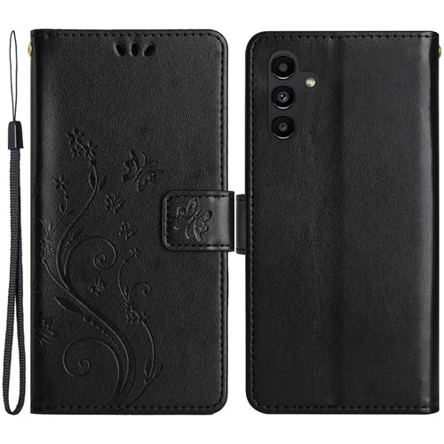 For Samsung Galaxy A14 5G / A14 4G Flower Butterfly Imprinted Phone Wallet Case PU Leather Foldable Stand Cover - Black - 1