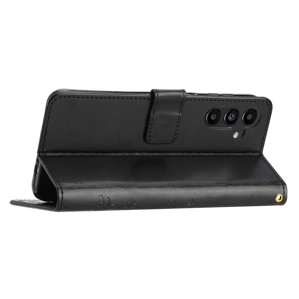 For Samsung Galaxy A14 5G / A14 4G Flower Butterfly Imprinted Phone Wallet Case PU Leather Foldable Stand Cover - Black - 4
