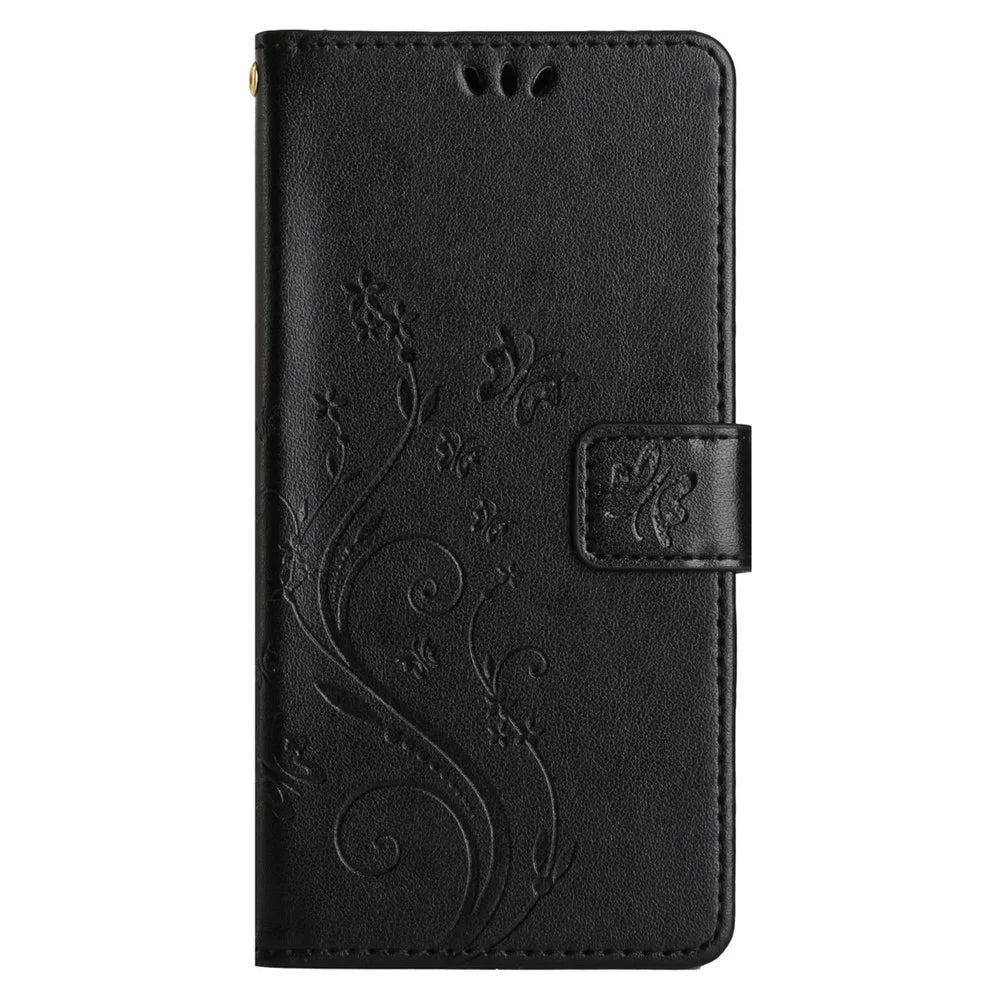For Samsung Galaxy A14 5G / A14 4G Flower Butterfly Imprinted Phone Wallet Case PU Leather Foldable Stand Cover - Black - 5
