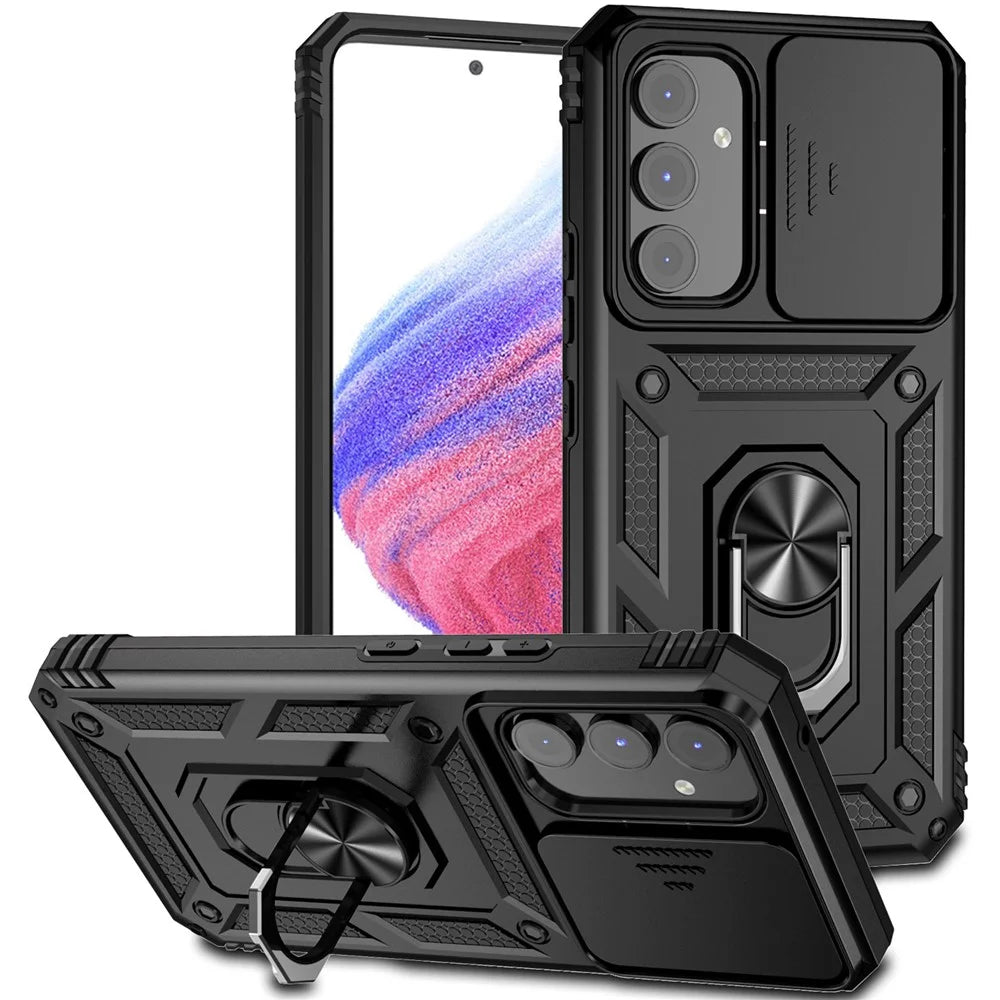 For Samsung Galaxy A54 5G Anti-scratch Phone Cover Metal Ring Kickstand PC + TPU Phone Case with Slide Camera Protector - Black - 1