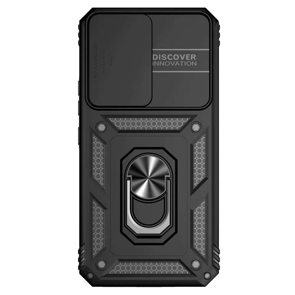 For Samsung Galaxy A54 5G Anti-scratch Phone Cover Metal Ring Kickstand PC + TPU Phone Case with Slide Camera Protector - Black - 2