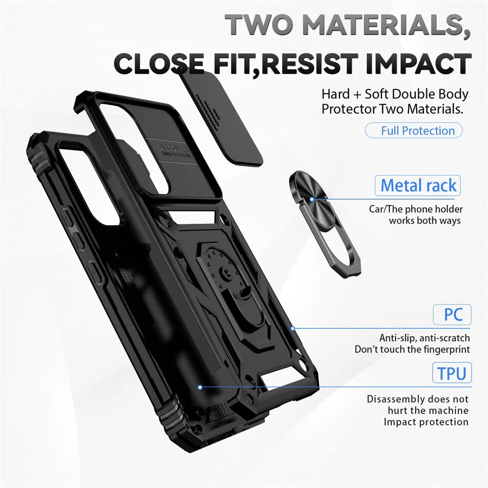 For Samsung Galaxy A54 5G Anti-scratch Phone Cover Metal Ring Kickstand PC + TPU Phone Case with Slide Camera Protector - Black - 3