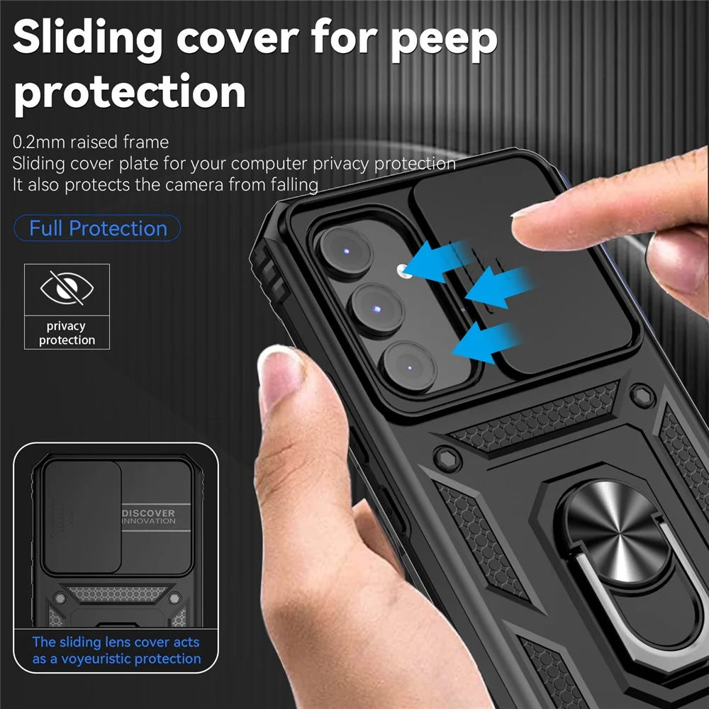 For Samsung Galaxy A54 5G Anti-scratch Phone Cover Metal Ring Kickstand PC + TPU Phone Case with Slide Camera Protector - Black - 5