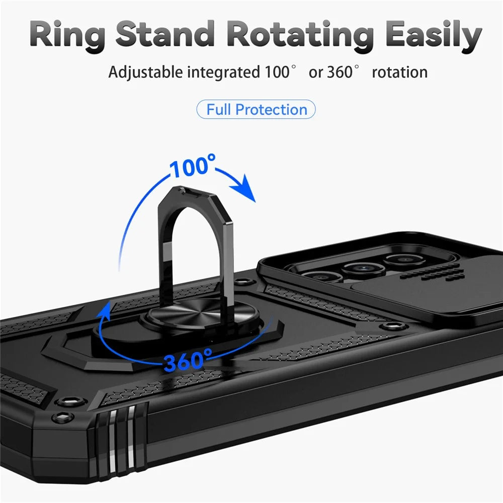 For Samsung Galaxy A54 5G Anti-scratch Phone Cover Metal Ring Kickstand PC + TPU Phone Case with Slide Camera Protector - Black - 6