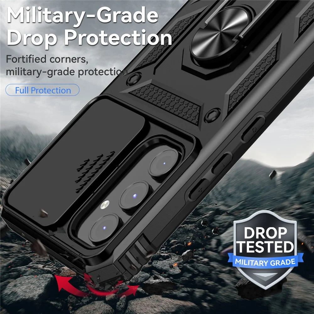 For Samsung Galaxy A54 5G Anti-scratch Phone Cover Metal Ring Kickstand PC + TPU Phone Case with Slide Camera Protector - Black - 7