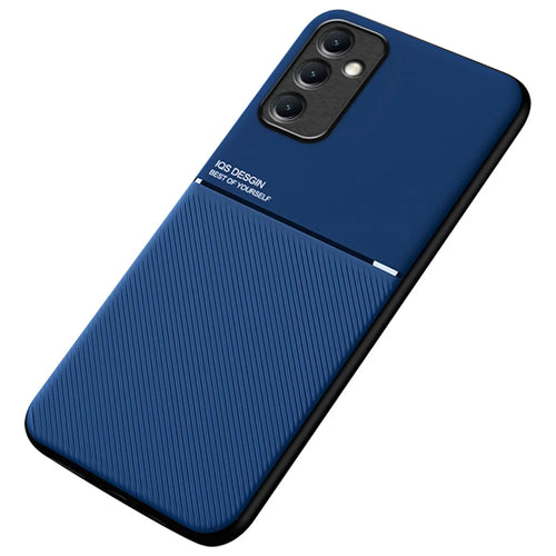 Back Shell for Samsung Galaxy A14 5G / 4G , Lines Imprinted Anti-collision PU Leather+TPU Phone Case Car Mount Metal Sheet Smartphone Cover - Blue - 1