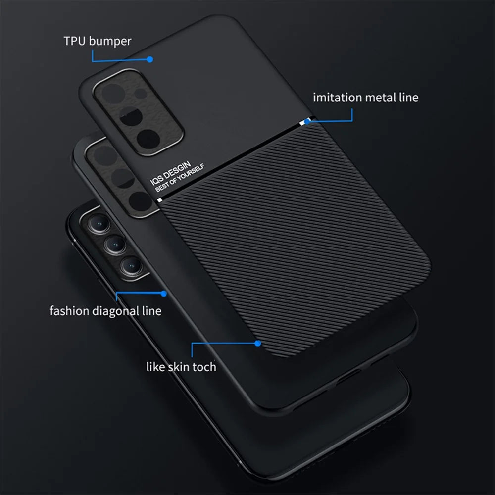 Back Shell for Samsung Galaxy A14 5G / 4G , Lines Imprinted Anti-collision PU Leather+TPU Phone Case Car Mount Metal Sheet Smartphone Cover - Blue - 3
