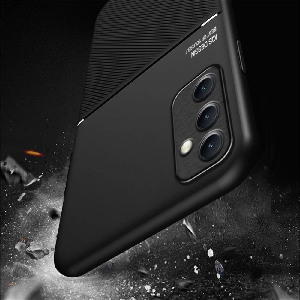 Back Shell for Samsung Galaxy A14 5G / 4G , Lines Imprinted Anti-collision PU Leather+TPU Phone Case Car Mount Metal Sheet Smartphone Cover - Blue - 5