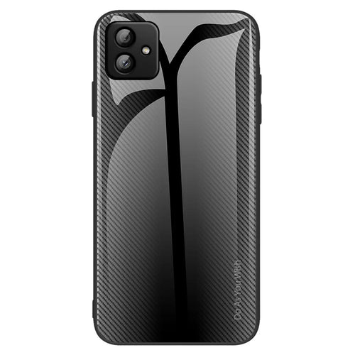 For Samsung Galaxy A04 4G (164.4 x 76.3 x 9.1 mm) Anti-drop Phone Case Carbon Fiber Texture Slim Case Tempered Glass+TPU Phone Cover - Black - 1