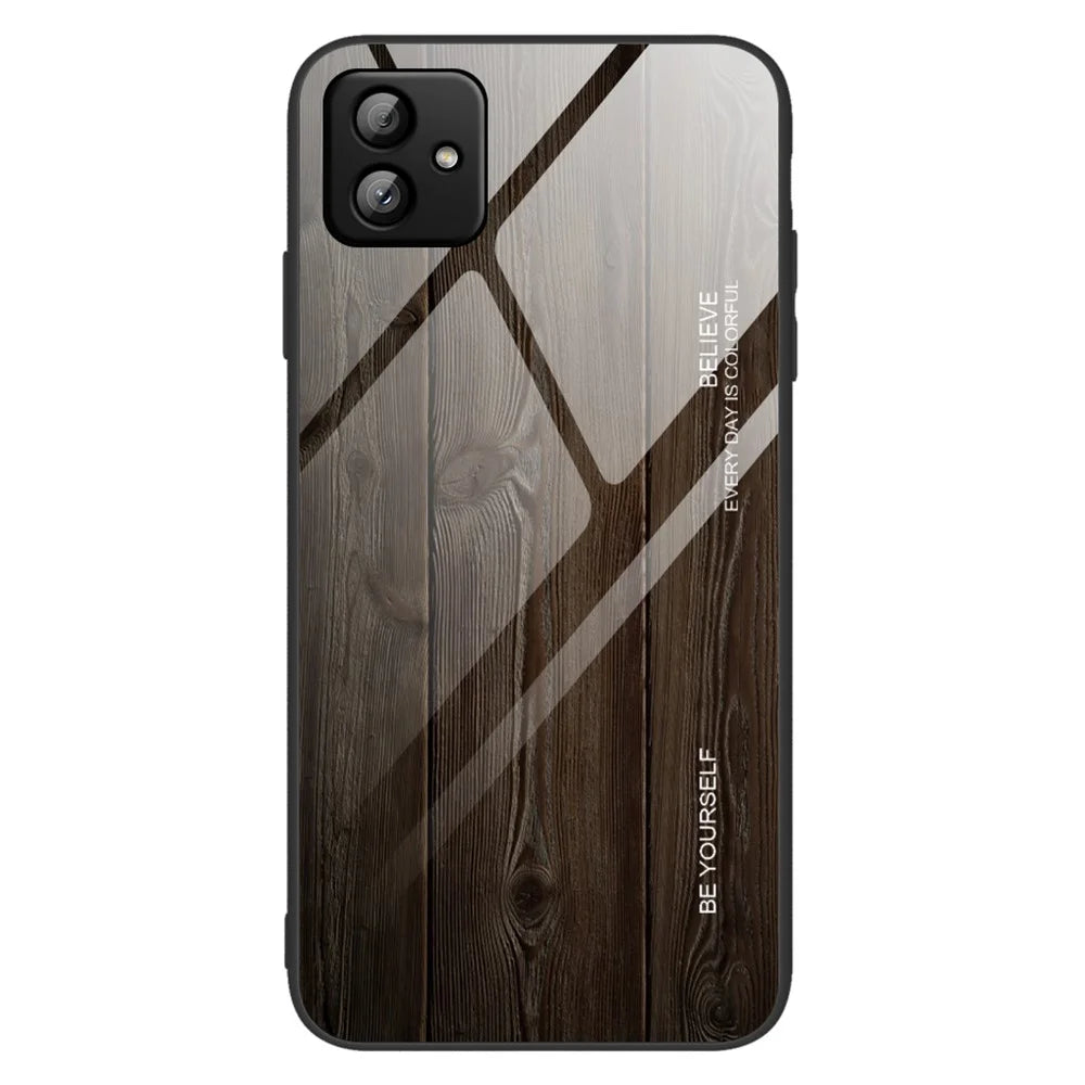 For Samsung Galaxy A04 4G (164.4 x 76.3 x 9.1 mm) Wooden Pattern Back Protector Tempered Glass Shell Phone Case TPU Frame Protective Cover - Black - 1