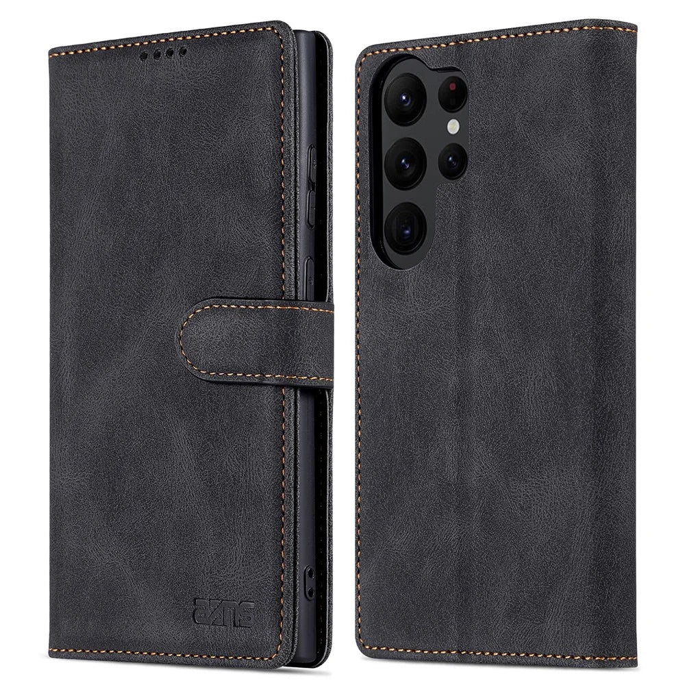 AZNS For Samsung Galaxy S23 Ultra PU Leather Wallet Stand Cover Magnetic Clasp Full Protection Phone Case - Black - 1