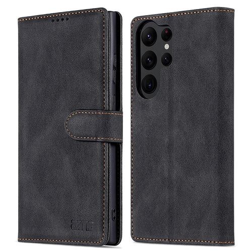 AZNS For Samsung Galaxy S23 Ultra PU Leather Wallet Stand Cover Magnetic Clasp Full Protection Phone Case - Black - 1
