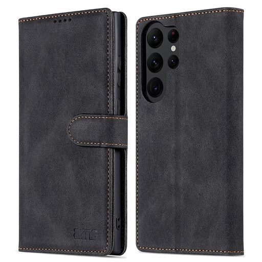AZNS For Samsung Galaxy S23 Ultra PU Leather Wallet Stand Cover Magnetic Clasp Full Protection Phone Case - Black - 1