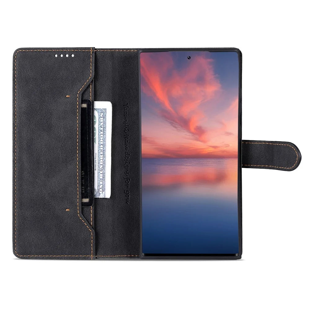 AZNS For Samsung Galaxy S23 Ultra PU Leather Wallet Stand Cover Magnetic Clasp Full Protection Phone Case - Black - 2
