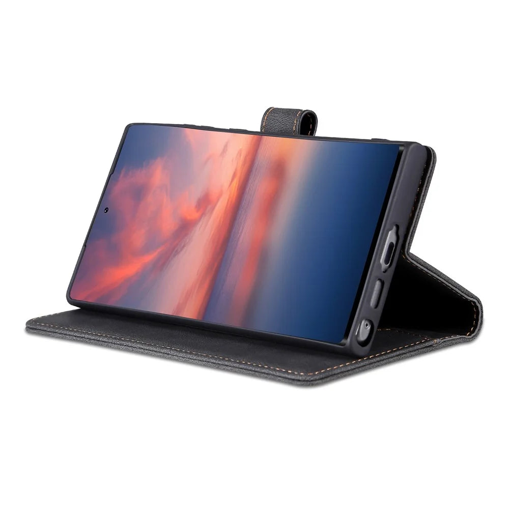 AZNS For Samsung Galaxy S23 Ultra PU Leather Wallet Stand Cover Magnetic Clasp Full Protection Phone Case - Black - 3