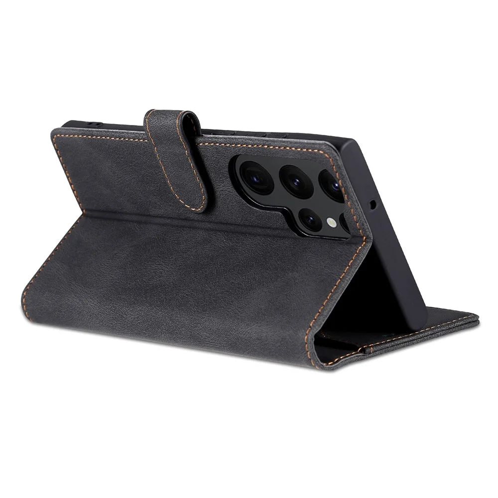 AZNS For Samsung Galaxy S23 Ultra PU Leather Wallet Stand Cover Magnetic Clasp Full Protection Phone Case - Black - 4