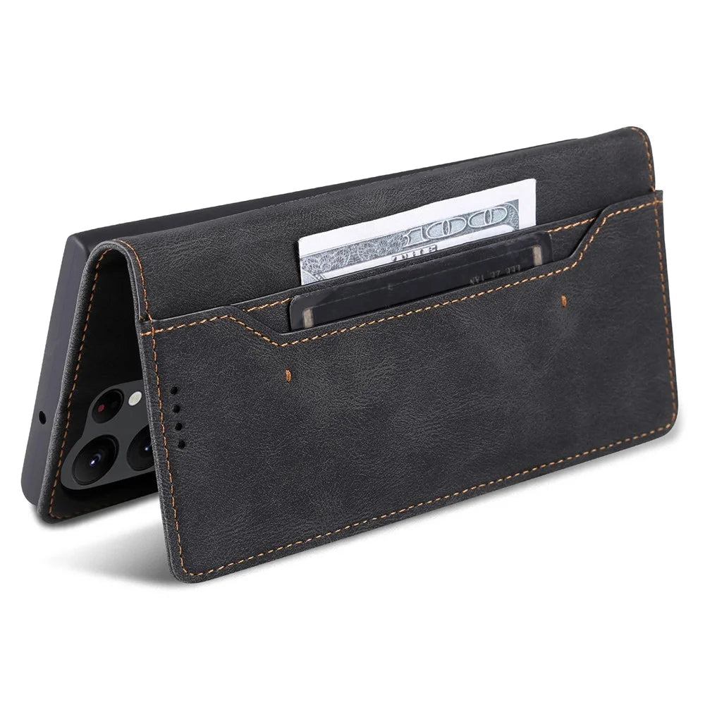 AZNS For Samsung Galaxy S23 Ultra PU Leather Wallet Stand Cover Magnetic Clasp Full Protection Phone Case - Black - 5