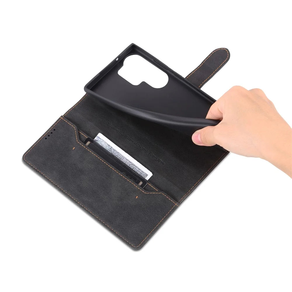AZNS For Samsung Galaxy S23 Ultra PU Leather Wallet Stand Cover Magnetic Clasp Full Protection Phone Case - Black - 6