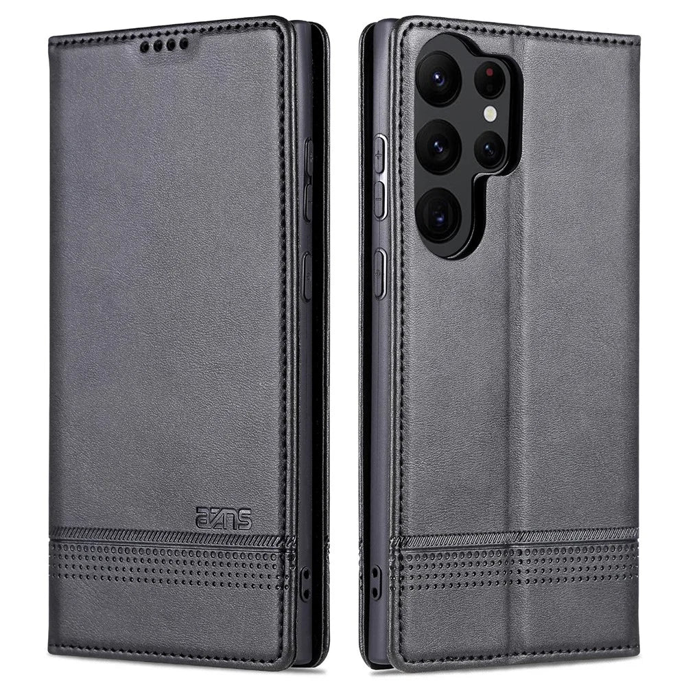 AZNS For Samsung Galaxy S23 Ultra Anti-scratch Cowhide Texture Stand Wallet Case PU Leather Magnetic Auto-absorbed Phone Cover - Black - 1