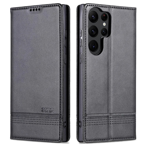 AZNS For Samsung Galaxy S23 Ultra Anti-scratch Cowhide Texture Stand Wallet Case PU Leather Magnetic Auto-absorbed Phone Cover - Black - 1