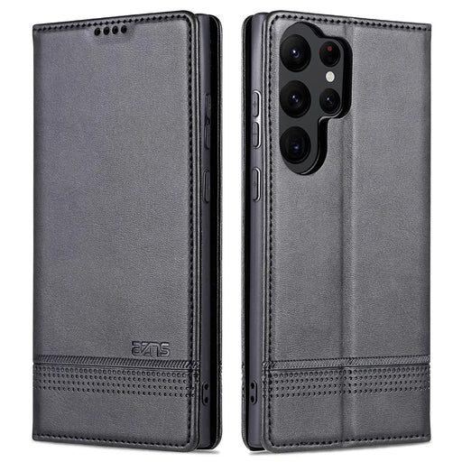 AZNS For Samsung Galaxy S23 Ultra Anti-scratch Cowhide Texture Stand Wallet Case PU Leather Magnetic Auto-absorbed Phone Cover - Black - 1