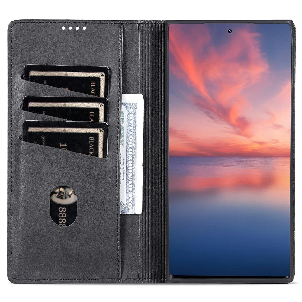 AZNS For Samsung Galaxy S23 Ultra Anti-scratch Cowhide Texture Stand Wallet Case PU Leather Magnetic Auto-absorbed Phone Cover - Black - 2