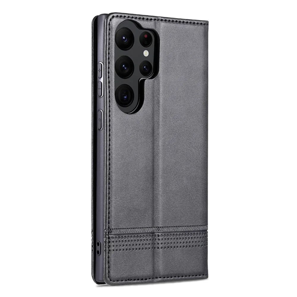 AZNS For Samsung Galaxy S23 Ultra Anti-scratch Cowhide Texture Stand Wallet Case PU Leather Magnetic Auto-absorbed Phone Cover - Black - 7