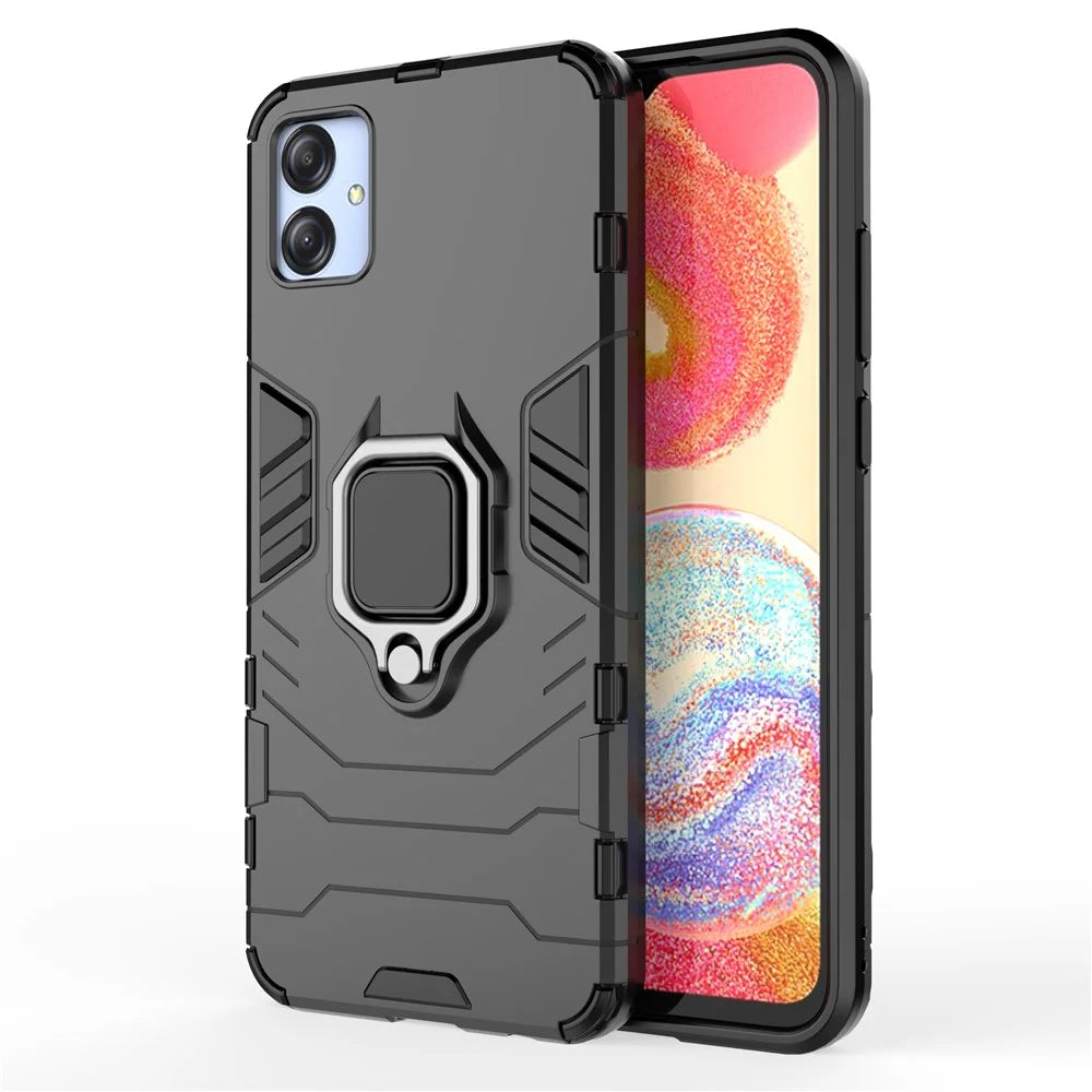For Samsung Galaxy A04e 4G / F04 4G / M04 4G Ring Kickstand Phone Case PC+TPU Anti-scratch Protective Cover - Black - 1
