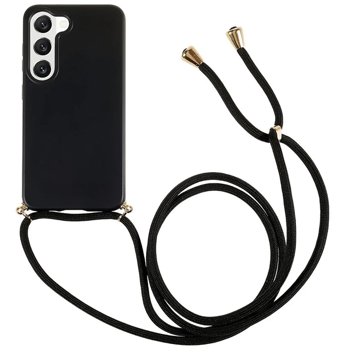 For Samsung Galaxy S23 Wheat Straw Biodegradable Phone Case Soft TPU Drop Protection Cover with Adjustable Lanyard - Black - 1
