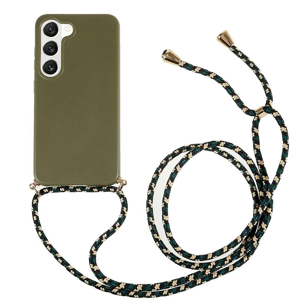 For Samsung Galaxy S23+ Biodegradable Phone Case Wheat Straw Soft TPU Shockproof Protection Skin Shell Cover with Adjustable Lanyard - Army Green - 1